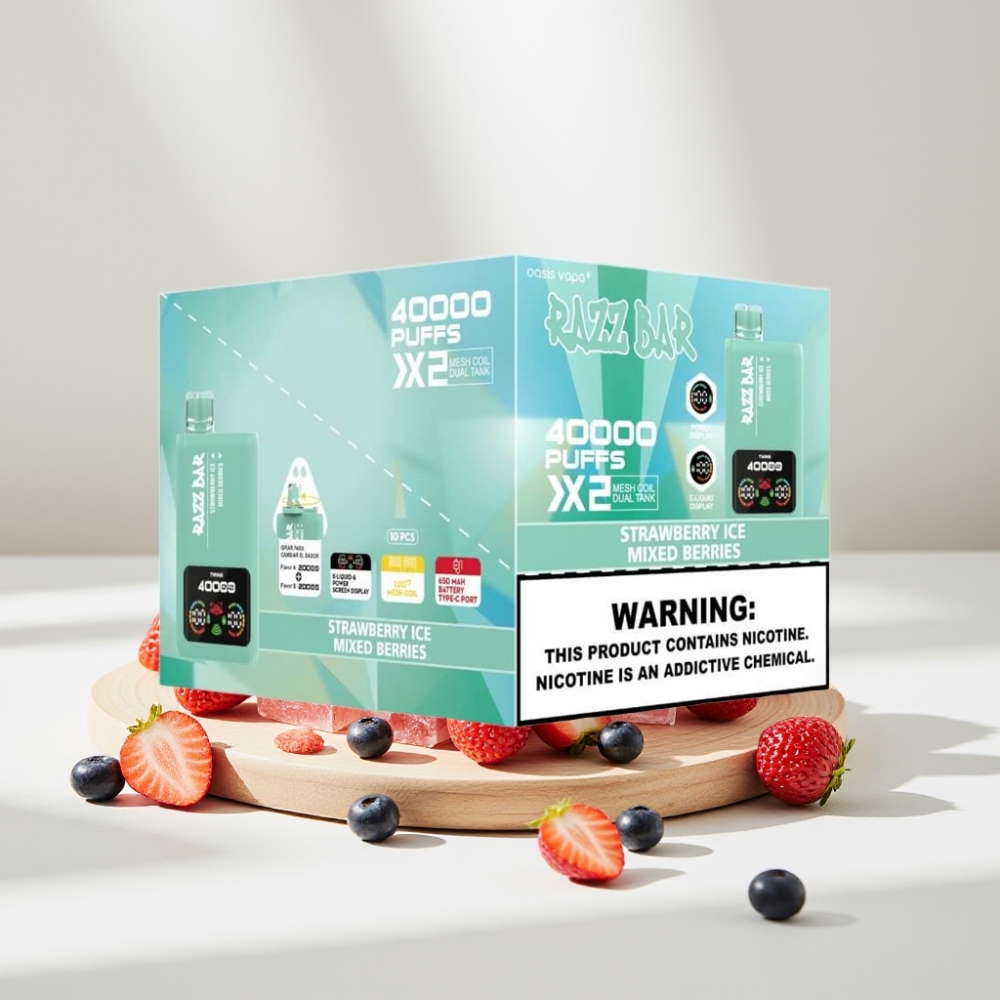 Razz Bar 40000 Puffs Disposable Vape BRAŠKINIS LEDAS & MĖŠINIŲ UOGŲ 40000 Puffs 1.0Ω×2 650mAh