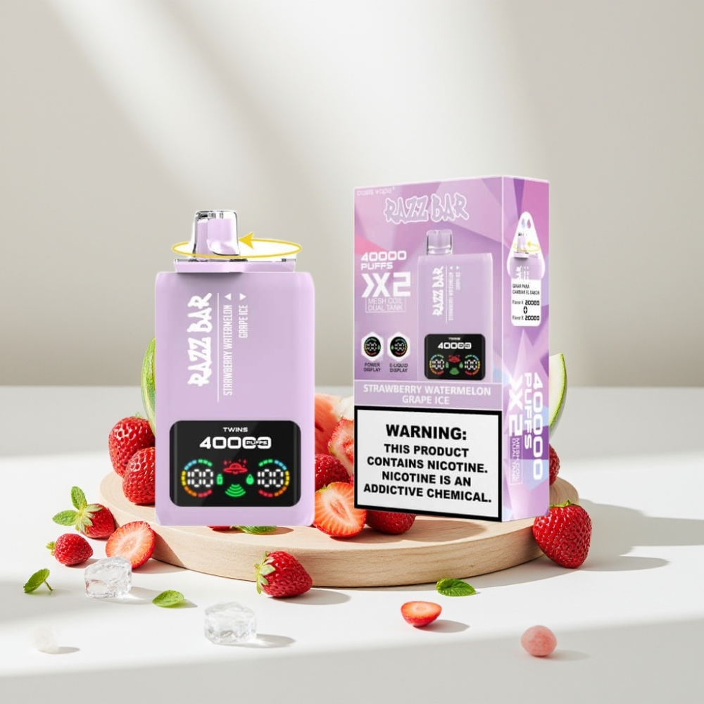 Razz Bar 40000 Puffs Disposable Vape BRAŠKĖS VANDENMELIONAS & VYNOGOS LEDAS, 40000 Puffs, 1.0Ω×2, 650mAh