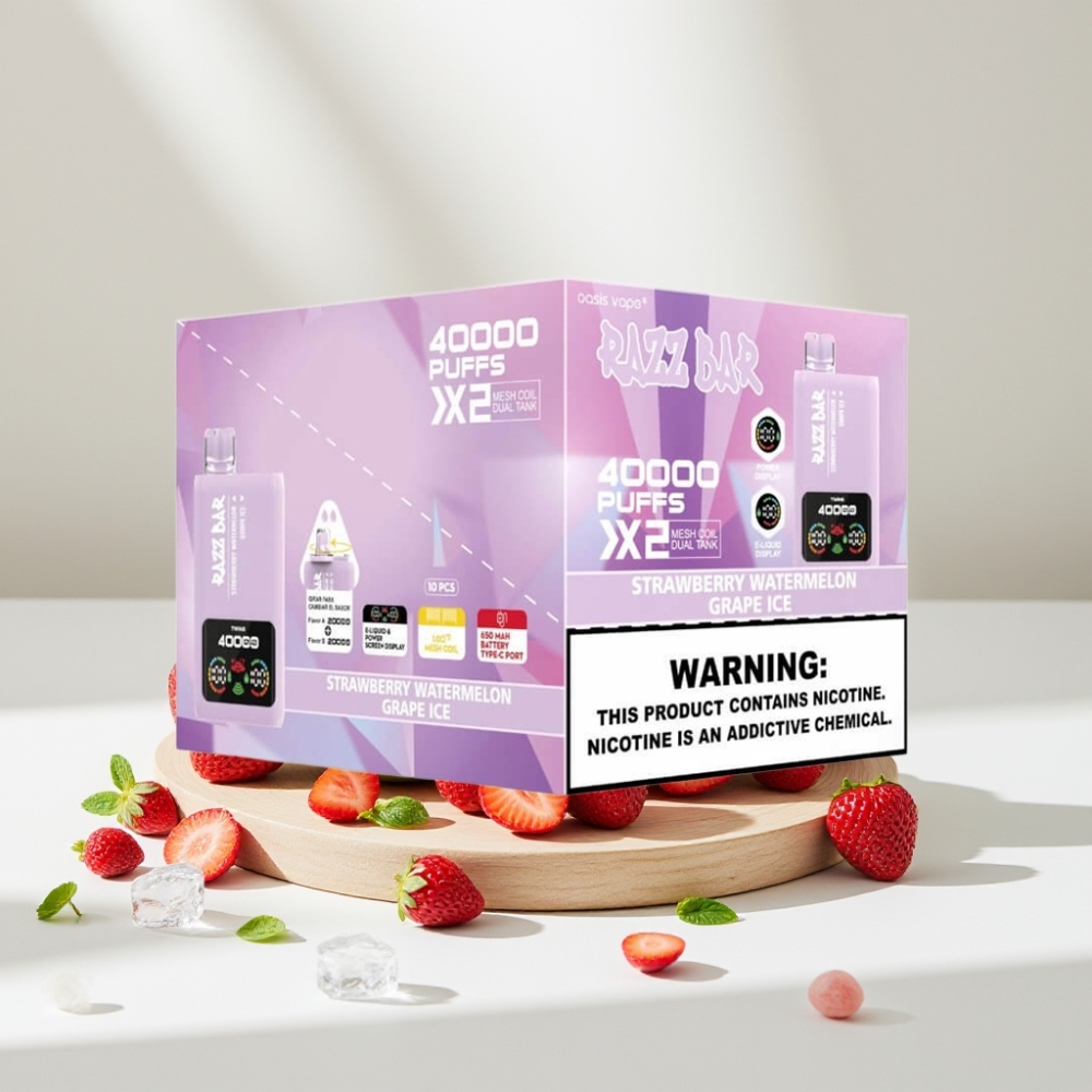 Razz Bar 40000 Puffs Disposable Vape BRAŠKĖS VANDENMELIONAS & VYNOGOS LEDAS, 40000 Puffs, 1.0Ω×2, 650mAh