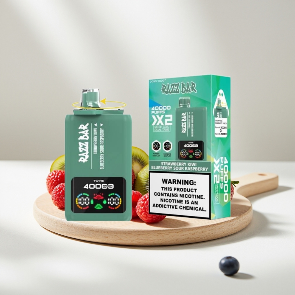 Razz Bar 40000 Puffs Disposable Vape Braškė-Kivis & Mėlynoji Gėrio Avietė, 40000 Puffs, 1.0Ω×2, 650mAh, Type-C