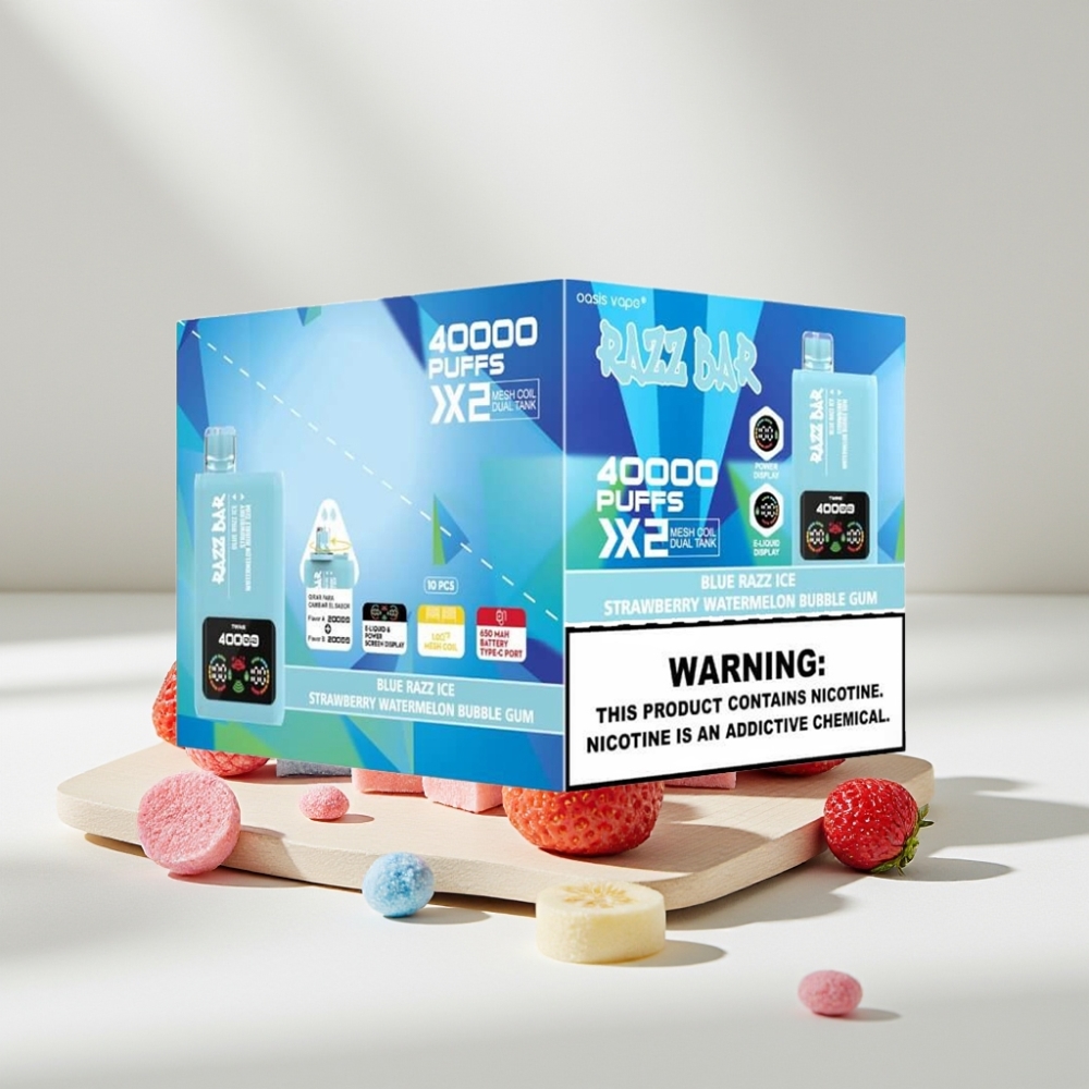 Razz Bar 40000 Puffs Disposable Vape MĖLYNA ŠALDYTOJI AVĖTĖ-TRAGIŠKAS VANDENMELIONAS KAVAIČIŲ GUMOS, 40000 Puffs, 650mAh