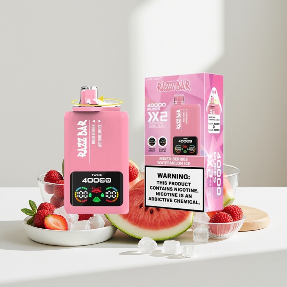Razz Bar 40000 Puffs Disposable Vape MĖLYNIŲ UOGŲ & VANDENMELIONO LEDAS, 40000 Puffs, 1.0Ω×2, Type-C
