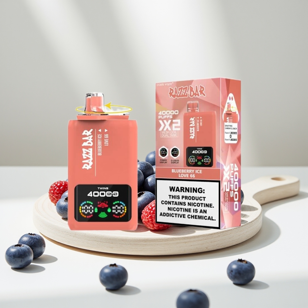 Razz Bar 40000 Puffs Disposable Vape MĖLYNŲJŲ UOGŲ LEDAS & LOVE 66, 40000 Puffs, 1.0Ω×2, Type-C