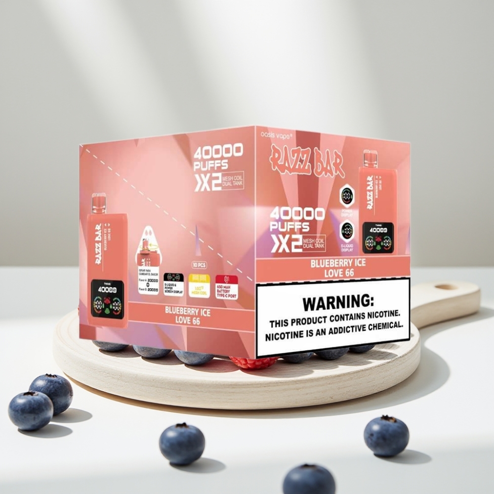 Razz Bar 40000 Puffs Disposable Vape MĖLYNŲJŲ UOGŲ LEDAS & LOVE 66, 40000 Puffs, 1.0Ω×2, Type-C