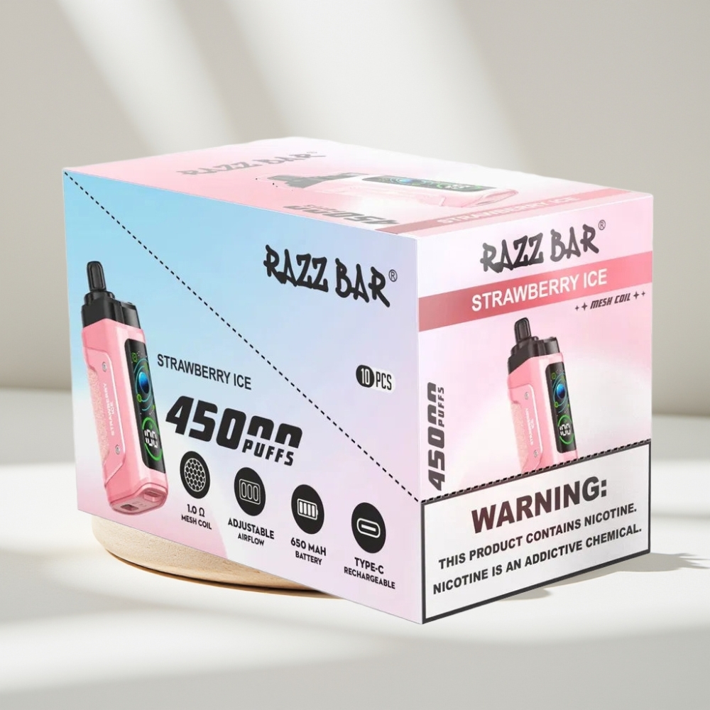Razz Bar 45000 Puffs Disposable Vape Braškės Ledas, 45000 Puffs, 1.0 Ohm, 650 mAh