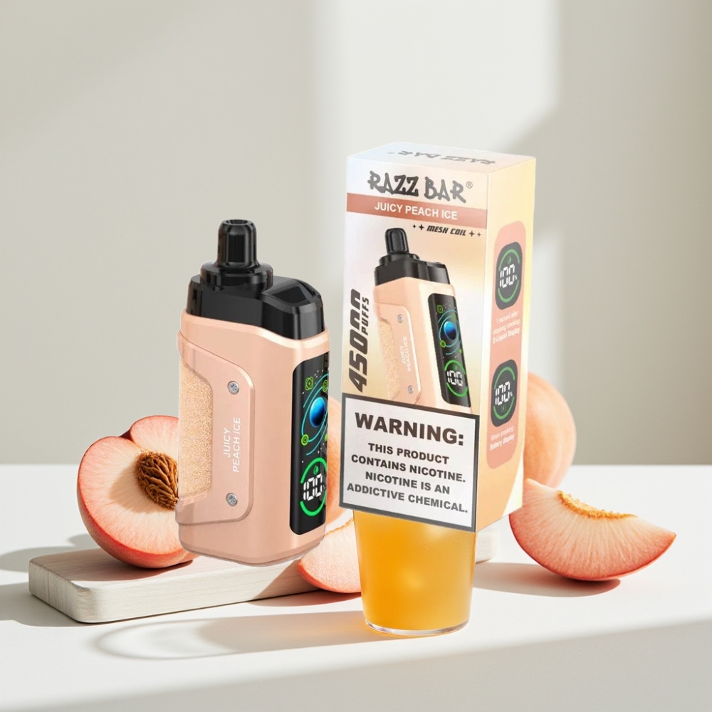 Razz Bar 45000 Puffs Disposable Vape Sultingų Persikų Ledas, 45000 Puffs, 1.0 Ohm, 20 mg/ml