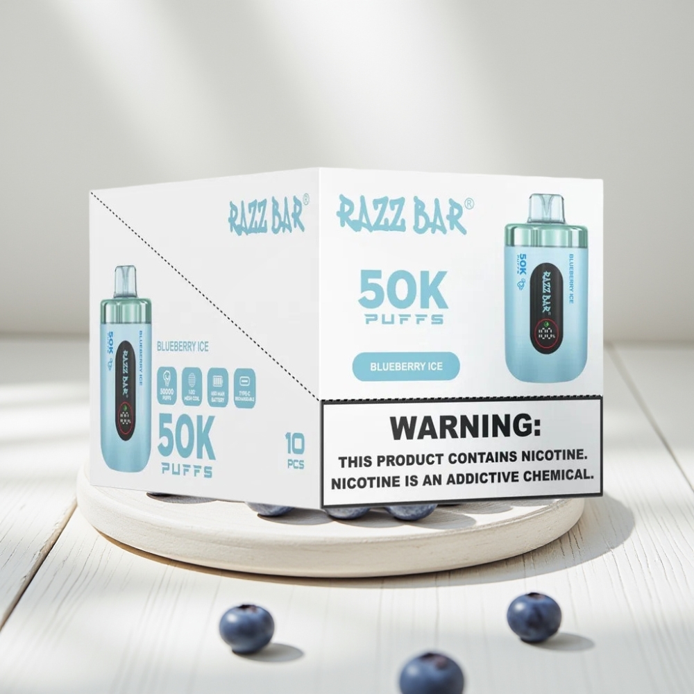 Razz Bar 50K Puffs Disposable Vape Mėlynųjų Uogų Ledas, 50000 Puffs, 1.0 Ohm, Type-C